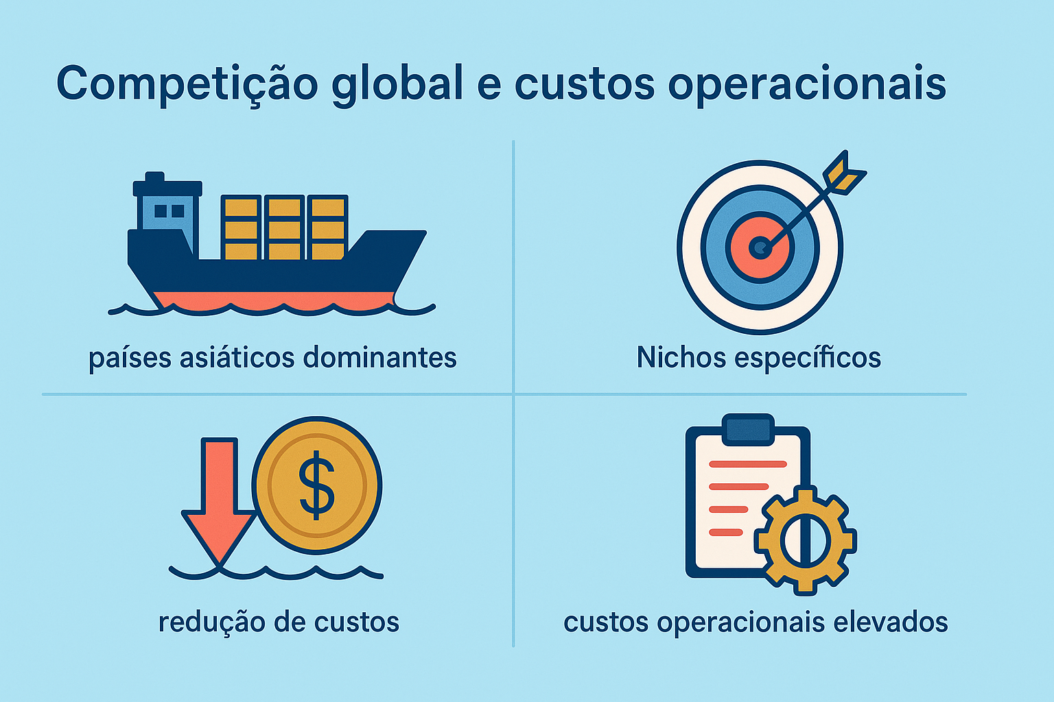 Infográfico destacando los principales factores relacionados con la competencia global y los costos operacionales en la industria naval, con íconos de barco, diana, moneda y clipboard con engranaje.