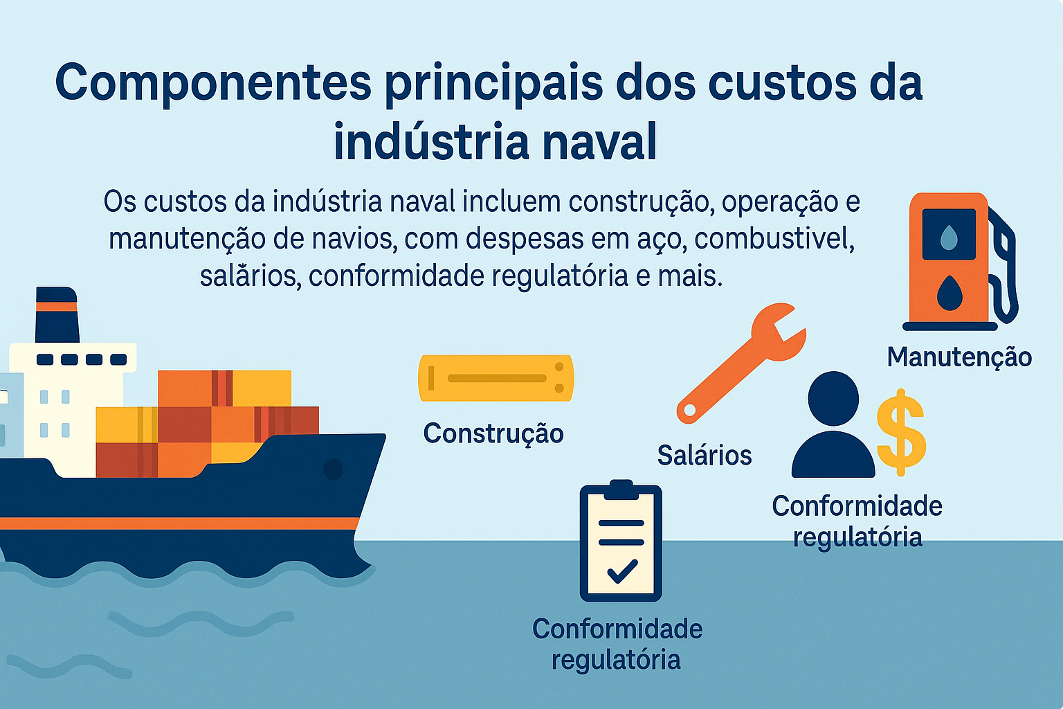 Infográfico ilustrado em estilo flat com navio cargueiro e ícones representando os principais componentes dos custos da indústria naval: construção, manutenção, salários e conformidade regulatória.