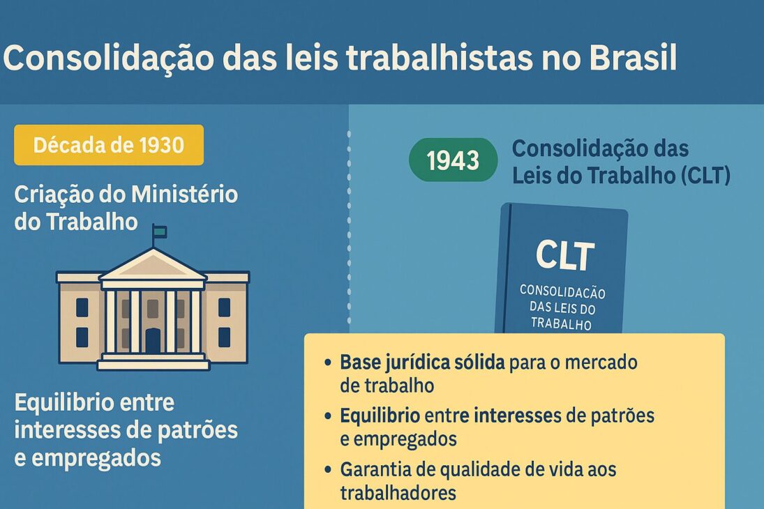 Infografía ilustrada sobre la Consolidación de las Leyes del Trabajo (CLT) en Brasil, destacando la creación del Ministerio de Trabajo y la formalización de los derechos laborales a partir de 1943.