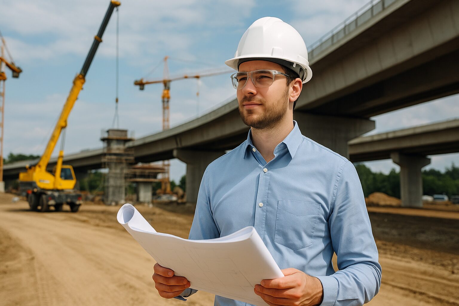 Engenheiro segurando planta de obra em um canteiro de infraestrutura com viaduto em construção ao fundo.