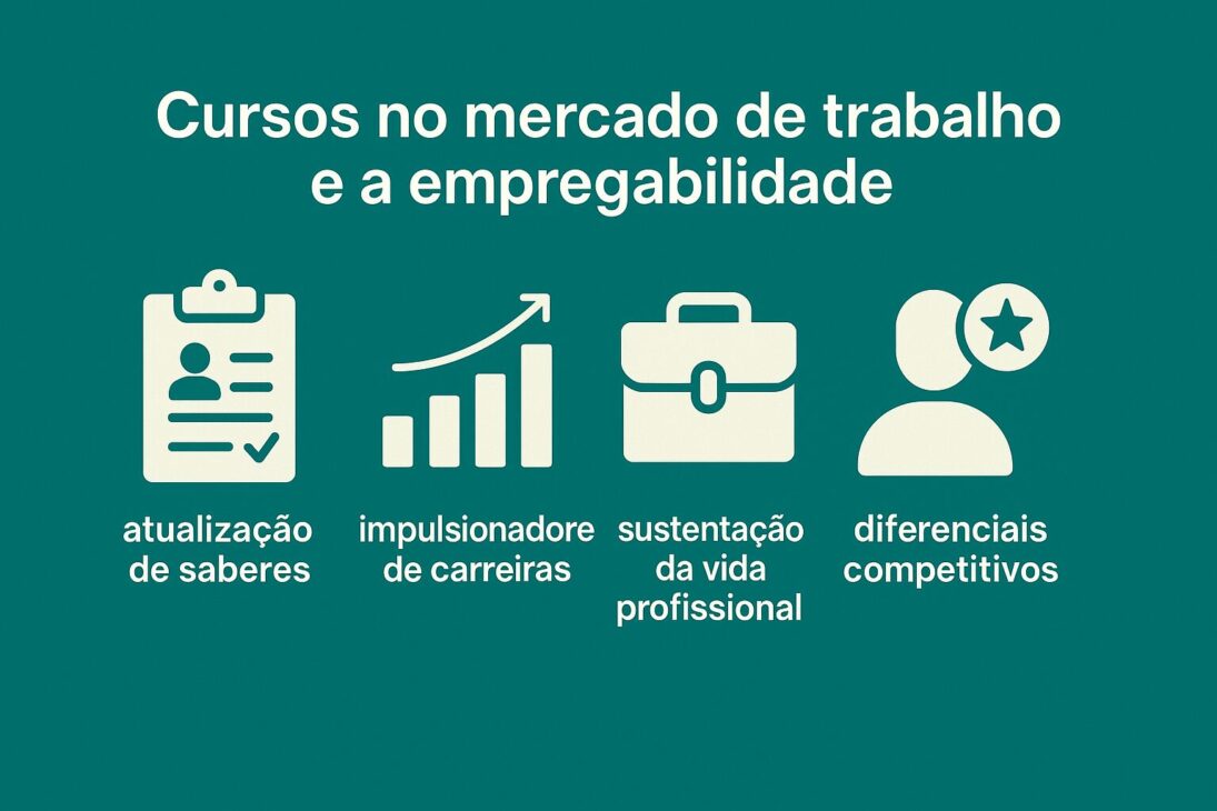 Infográfico em português com o título "Cursos no mercado de trabalho e a empregabilidade", apresentando quatro ícones centralizados representando atualização de saberes, impulsionador de carreiras, sustentação da vida profissional e diferenciais competitivos.