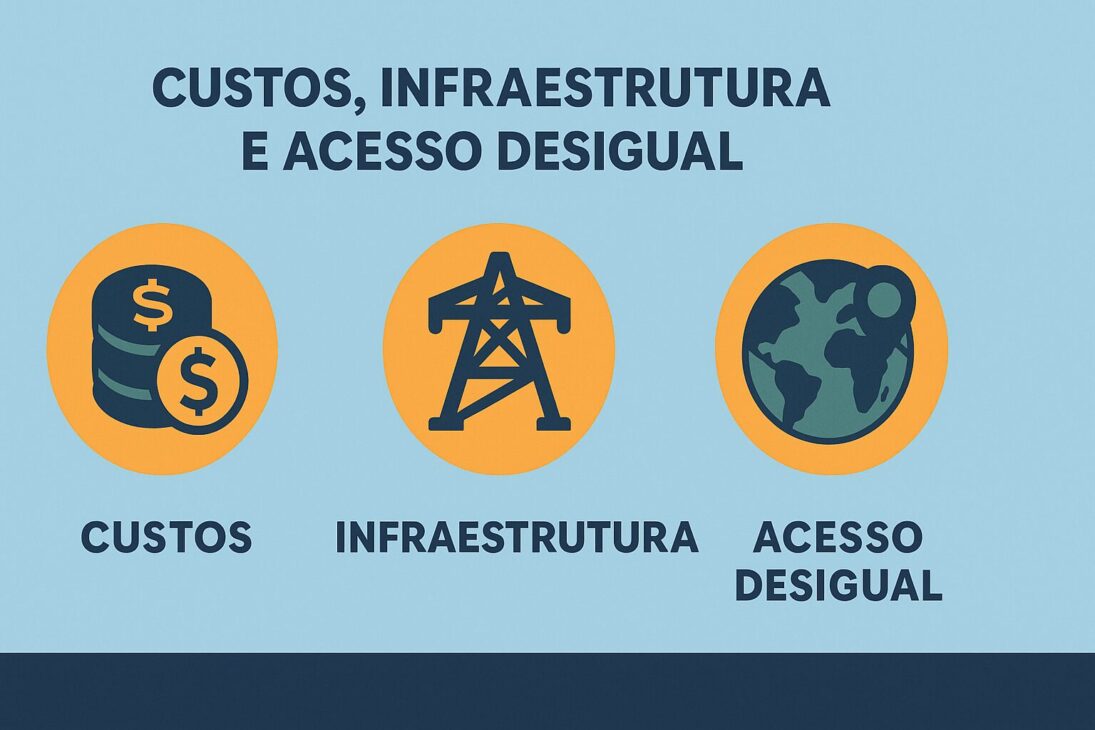 Infografía sobre costos, infraestructura y acceso desigual en la energía renovable, con íconos representando monedas, torre de energía y planeta Tierra.