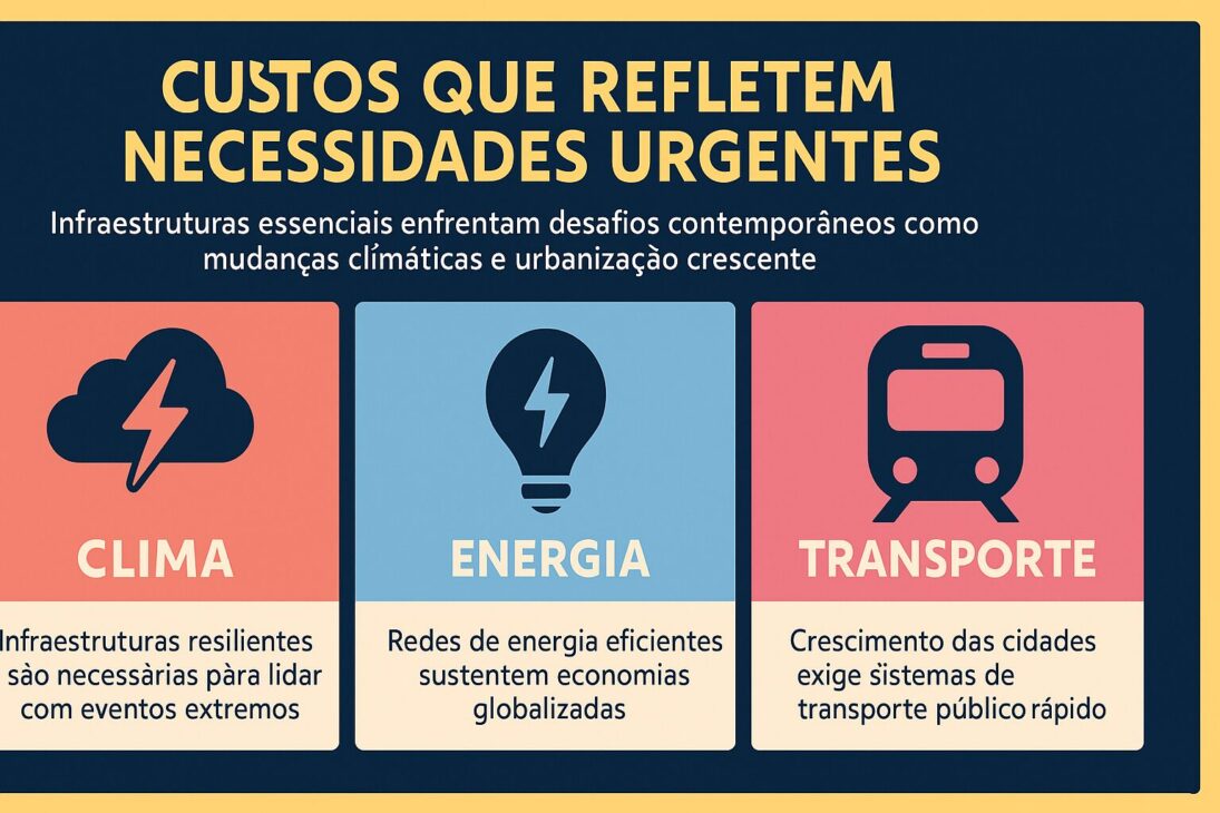 Infográfico ilustrando os custos urgentes em infraestrutura relacionados às mudanças climáticas, energia e transporte, com ícones coloridos e seções informativas.