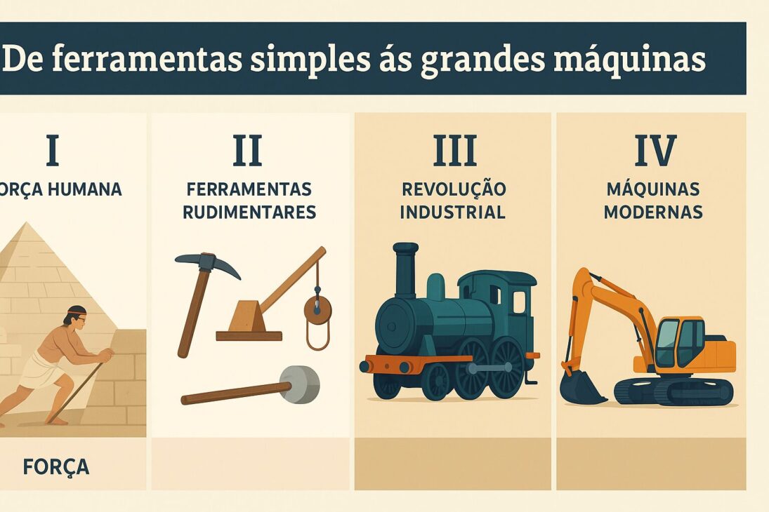Infográfico ilustrando la evolución de los equipos de infraestructura, desde la fuerza humana hasta máquinas modernas como excavadoras.