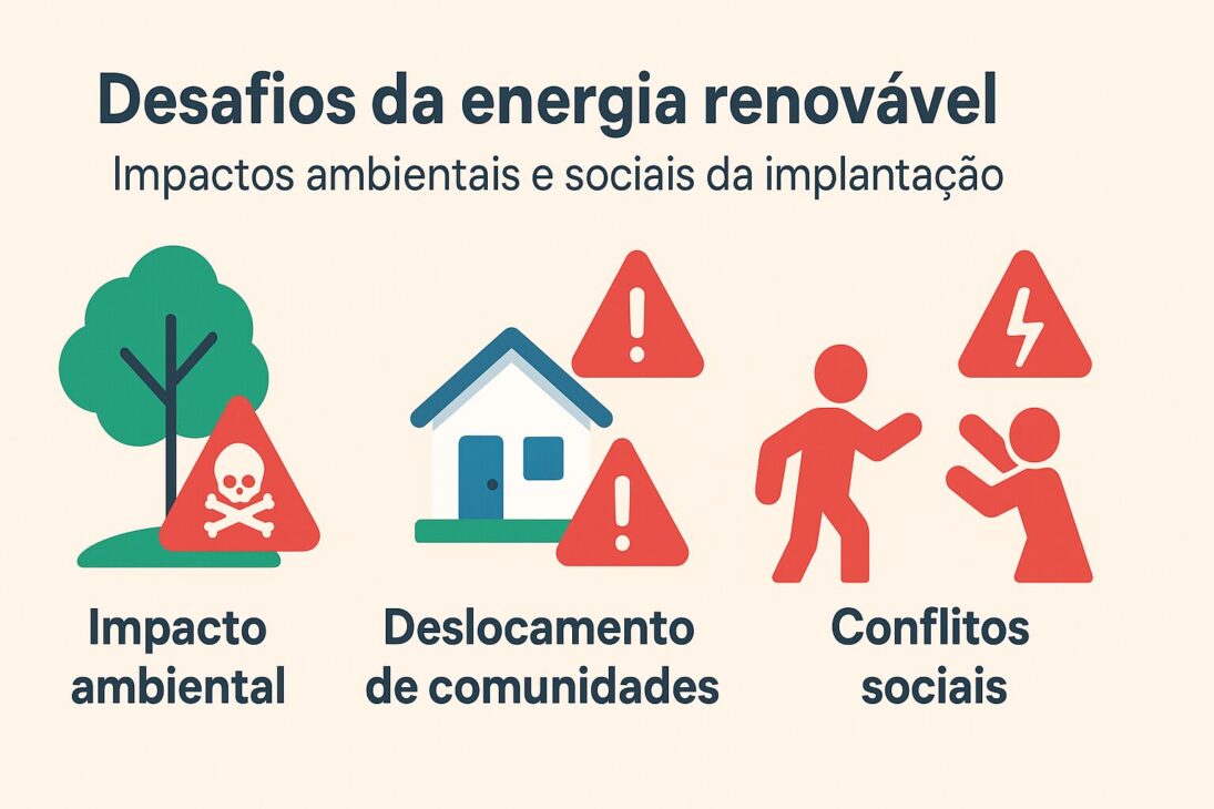 Infografía ilustrando los principales impactos ambientales y sociales de la implementación de la energía renovable, como impacto ambiental, desplazamiento de comunidades y conflictos sociales.