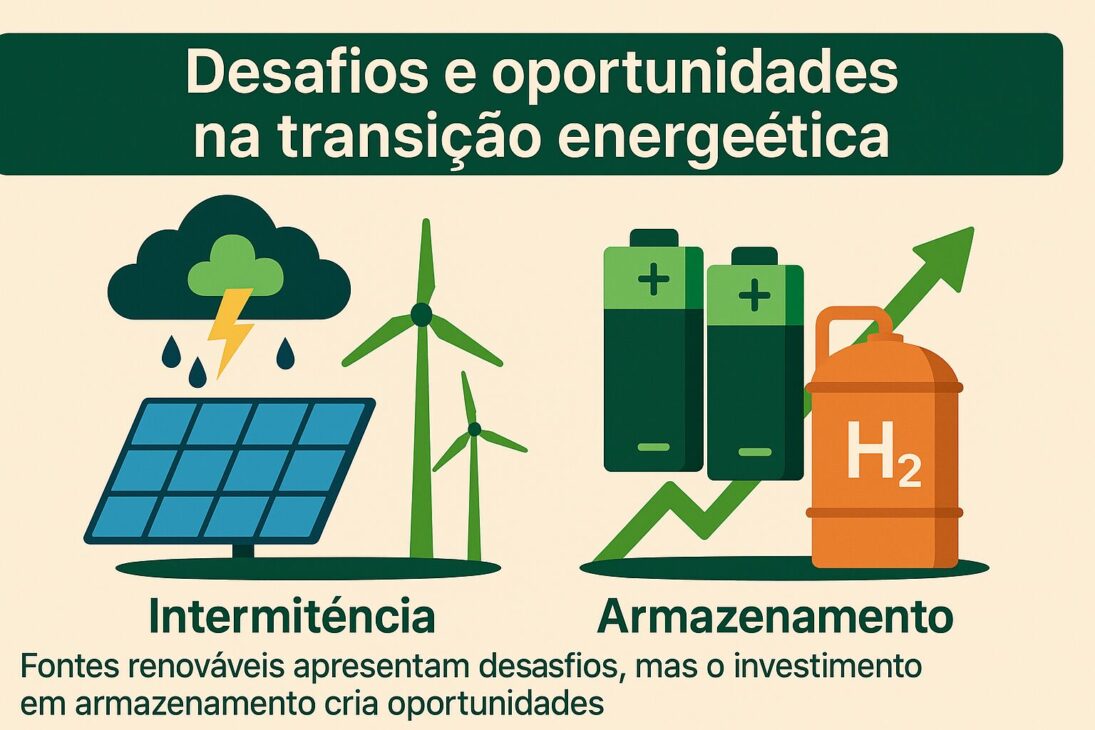 Infografía Ilustrando Los Desafíos Y Oportunidades De La Transición Energética, Con Destacado Para La Intermitencia De Las Fuentes Renovables Y El Papel Del Almacenamiento Con Baterías Y Hidrógeno.