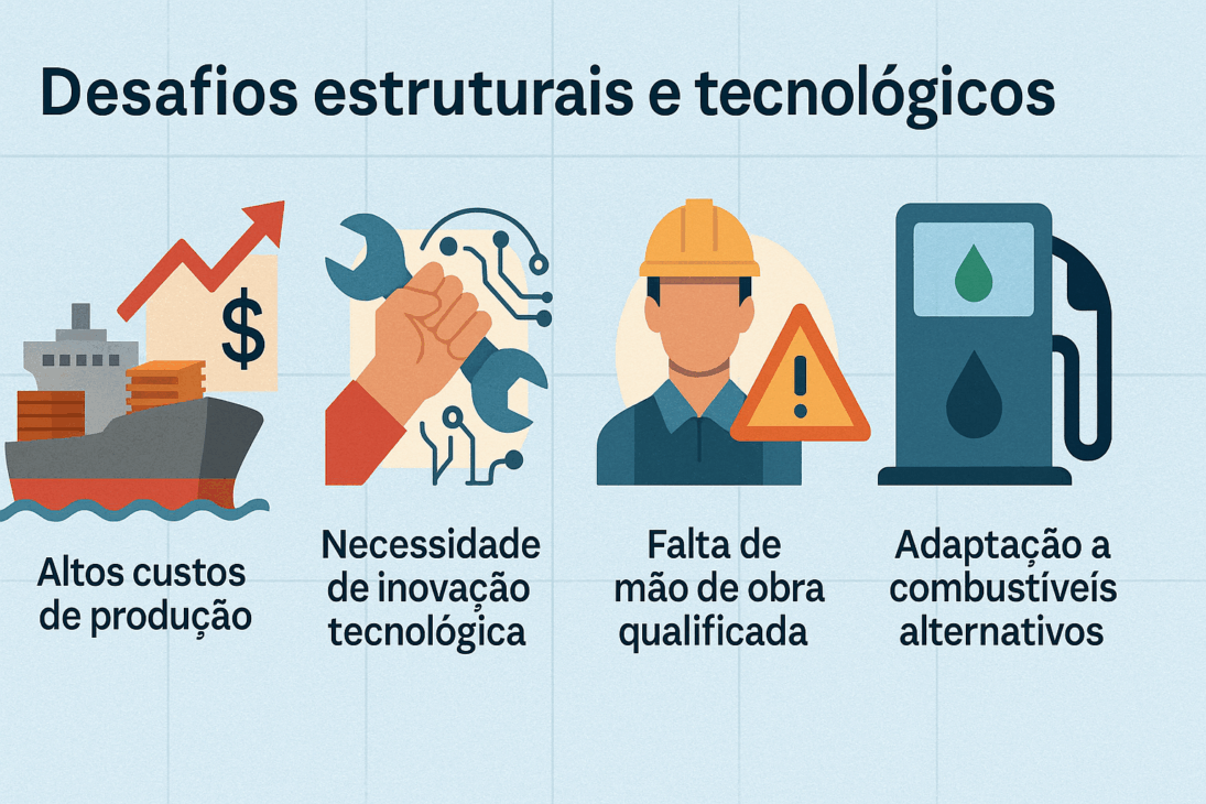 Infográfico ilustrando los principales desafíos estructurales y tecnológicos de la industria naval con íconos representando costos, tecnología, mano de obra y combustibles alternativos.