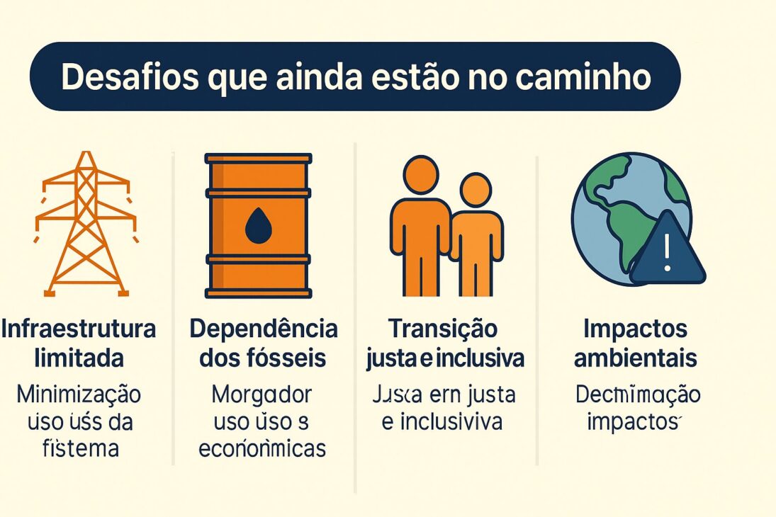 Infografía con cuatro desafíos de la energía renovable: infraestructura limitada, dependencia de combustibles fósiles, transición justa e impactos ambientales.