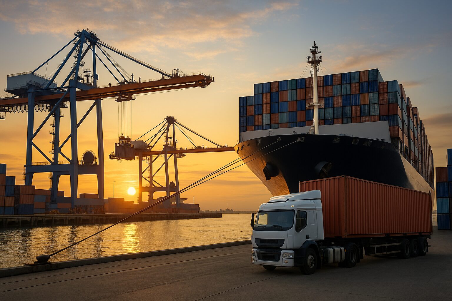 Navio cargueiro sendo carregado em porto industrial ao pôr do sol, com guindastes e caminhão de transporte ao lado.