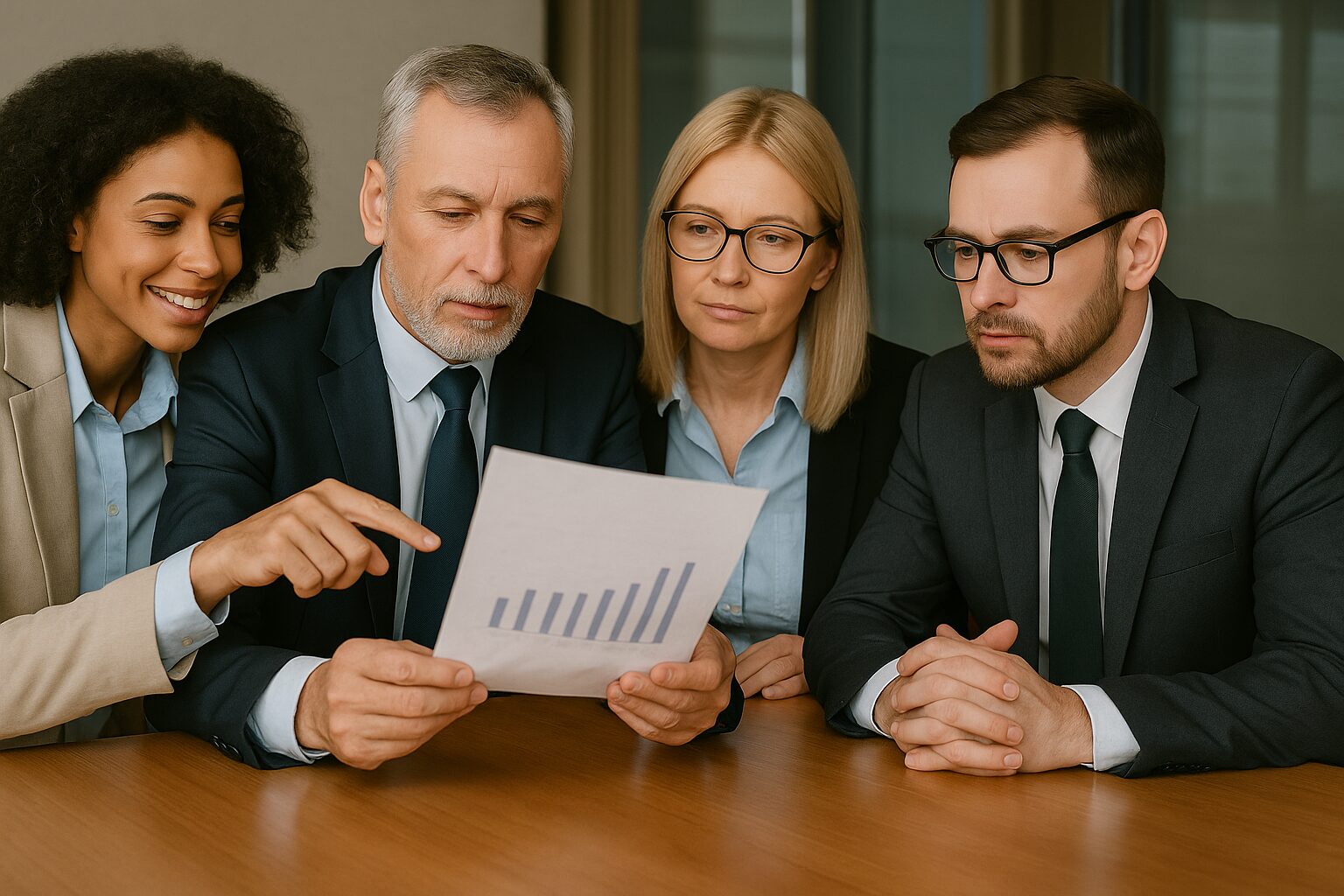 Quatro profissionais de negócios analisam um gráfico impresso em uma reunião em um escritório moderno.