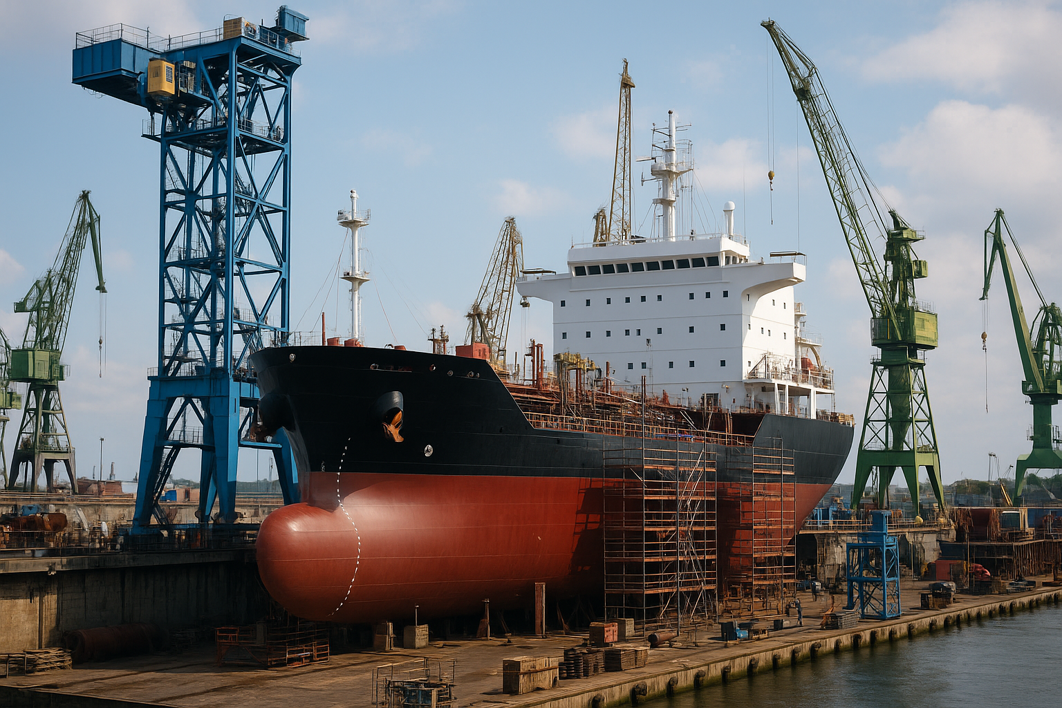 Navio cargueiro em construção em estaleiro com guindastes ao redor.