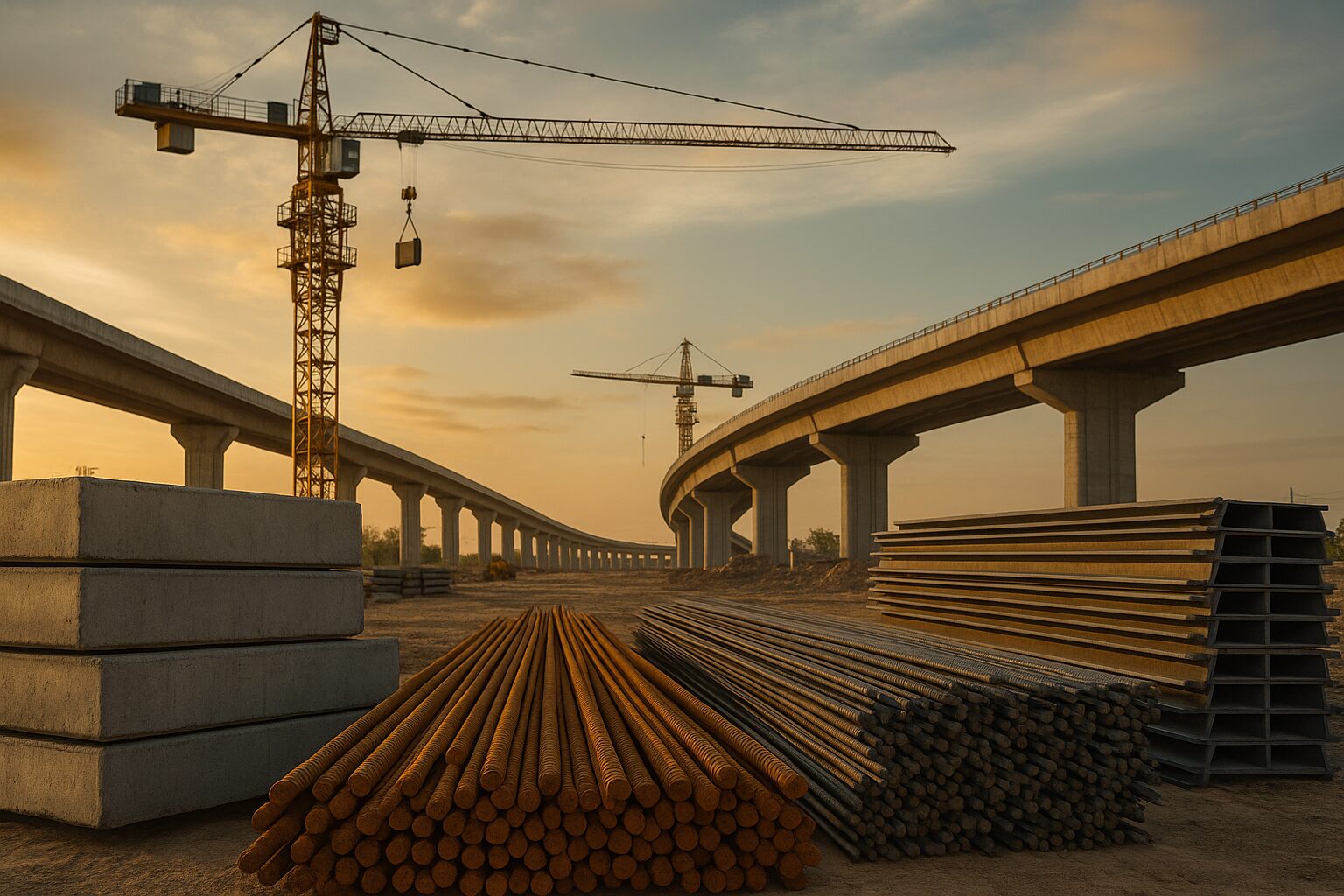 Materiais de infraestrutura em um canteiro de obras com blocos de concreto, vergalhões e vigas metálicas ao pôr do sol.