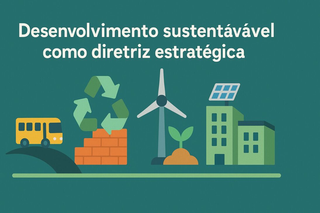 Infografía colorida y en estilo plano sobre desarrollo sostenible como directriz estratégica, con íconos de energía renovable, movilidad urbana, ciudades inteligentes y preservación ambiental en un diseño horizontal.
