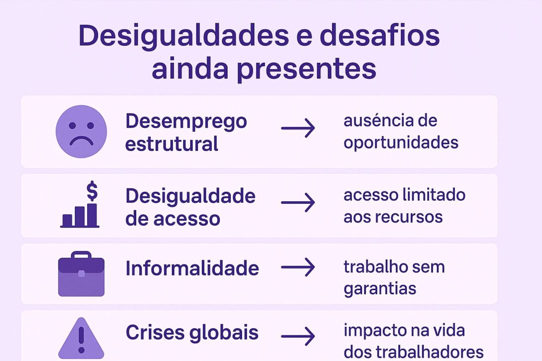 Infográfico em fundo lilás sobre desigualdades e desafios no mercado de trabalho, com ícones que representam desemprego, acesso desigual, informalidade e exclusão digital.