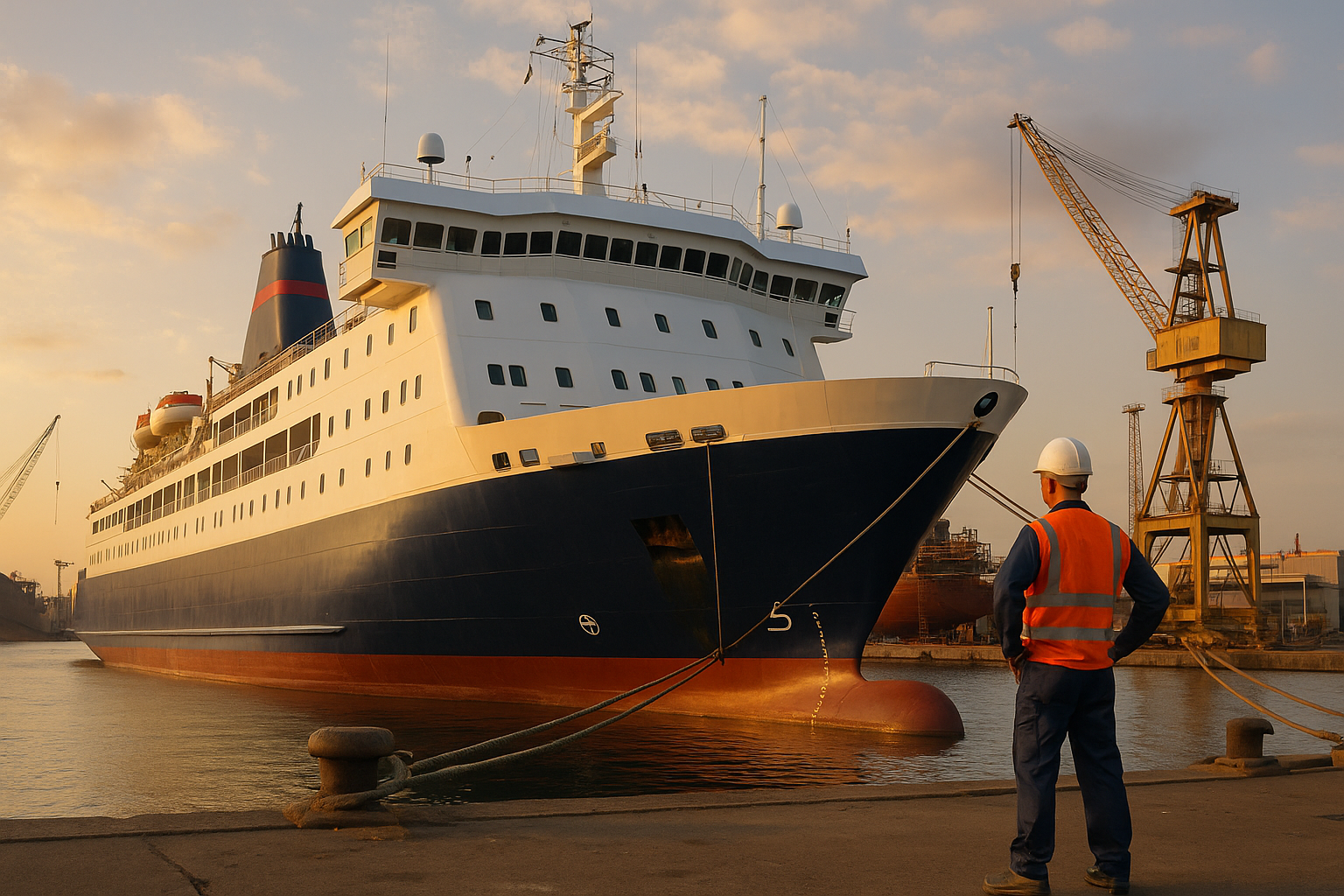 Funcionário observa ferry em estaleiro durante o pôr do sol na indústria naval.