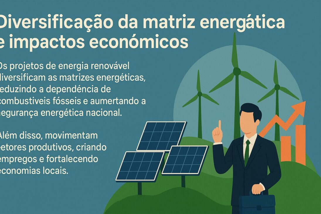 Infografía Sobre La Diversificación De La Matriz Energética Con Paneles Solares, Turbinas Eólicas Y Un Gráfico De Crecimiento, Acompañada De Un Texto Explicativo En Español.