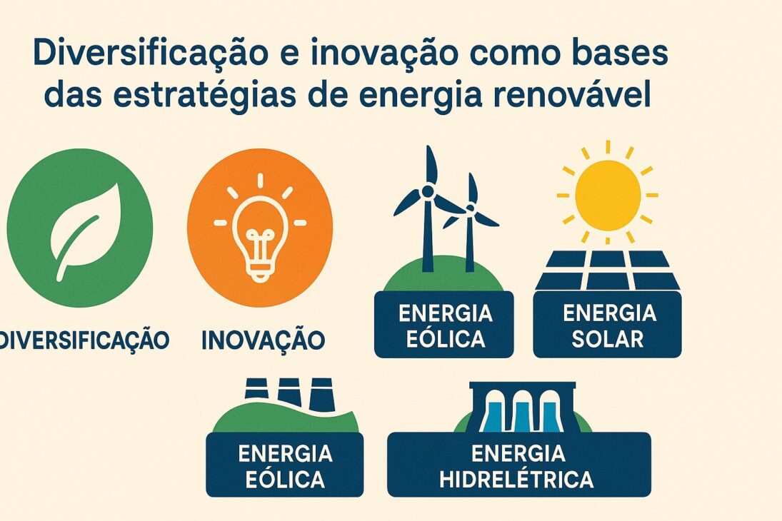 Infográfico ilustrando la diversificación e innovación como pilares de las estrategias de energía renovable, con íconos representando fuentes como solar, eólica e hidroeléctrica.