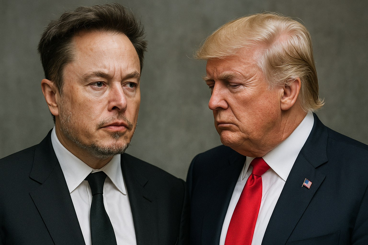 Elon Musk e Donald Trump com expressões sérias, representando o rompimento político entre ambos em 2025.
