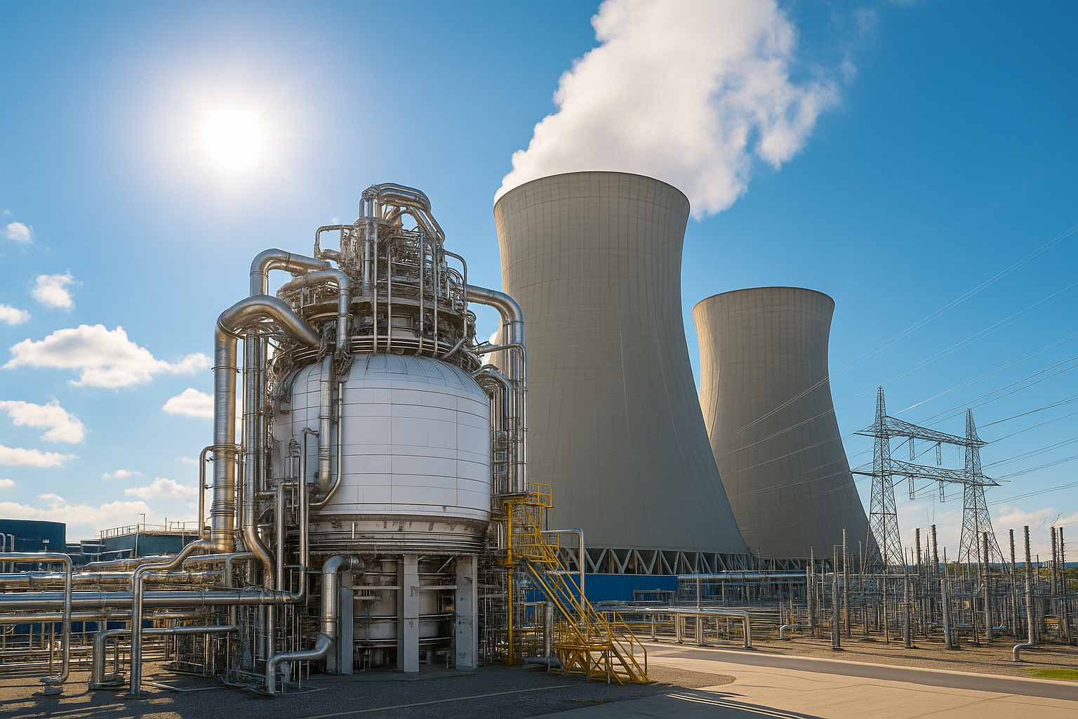 Vista externa de usina de fusão nuclear com reator e torres de resfriamento em operação