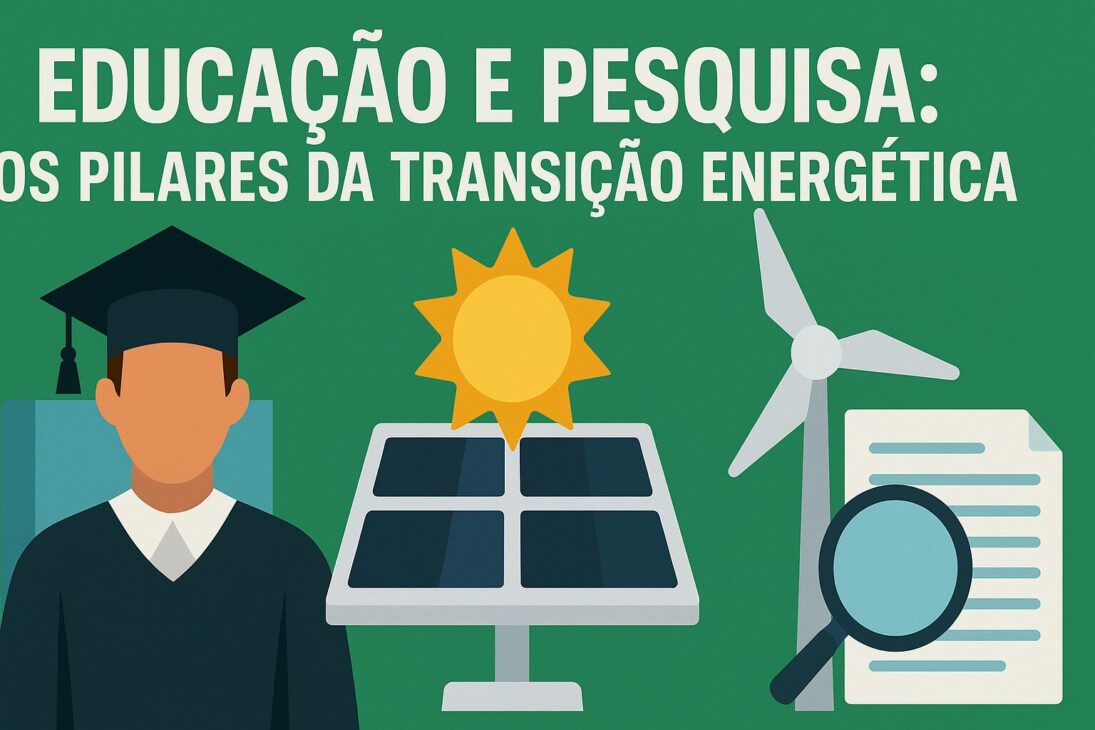 Infografía ilustrando el papel de la educación y la investigación en la transición energética, con íconos de estudiante, turbinas eólicas, paneles solares y documentos científicos en un diseño colorido y moderno.