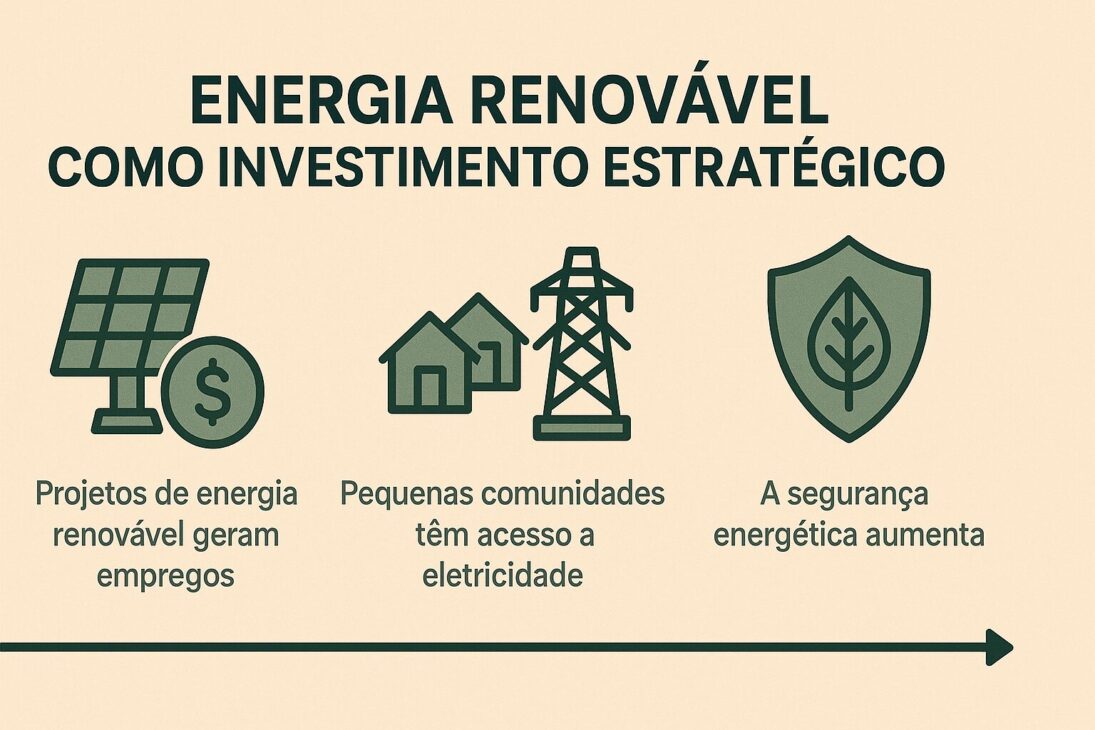 Infográfico horizontal destacando los beneficios estratégicos de la energía renovable, con íconos de panel solar, casas, torre de energía y escudo con hoja.