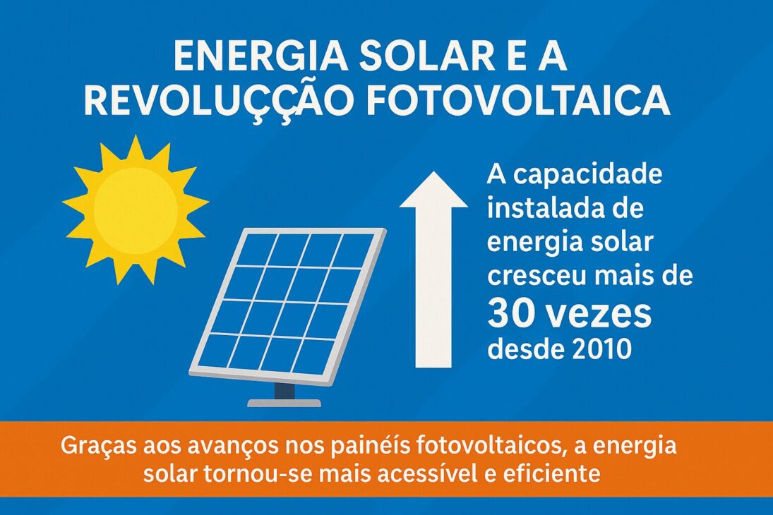 Infográfico sobre el crecimiento de la energía solar, con destaque para el aumento de más de 30 veces en la capacidad instalada desde 2010, ilustrado con un panel solar, sol y flecha de crecimiento.