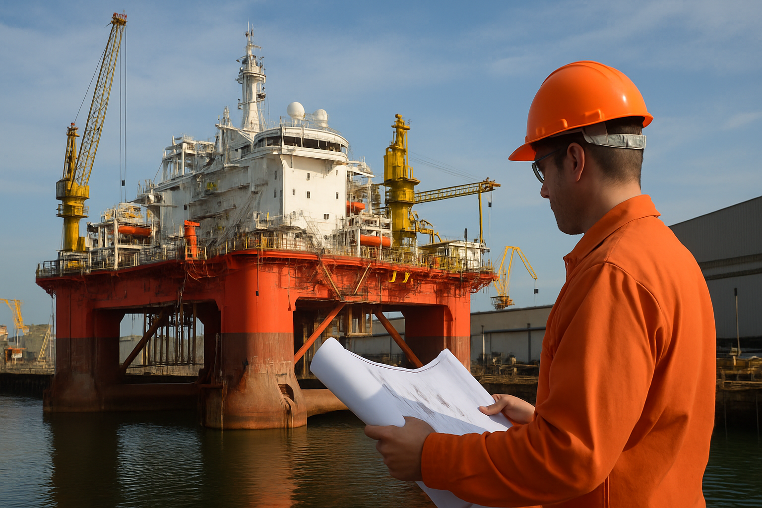 Trabalhador da indústria naval analisa planta diante de plataforma offshore em estaleiro.