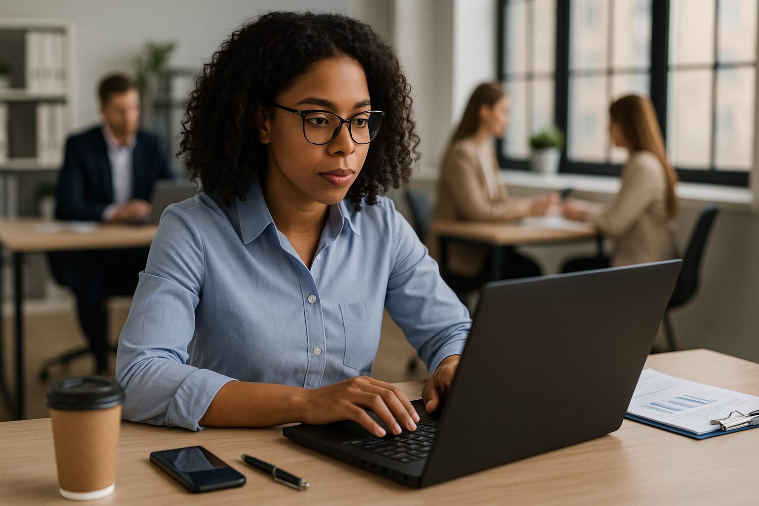 Jovem mulher negra trabalhando em um notebook em um escritório moderno e iluminado.