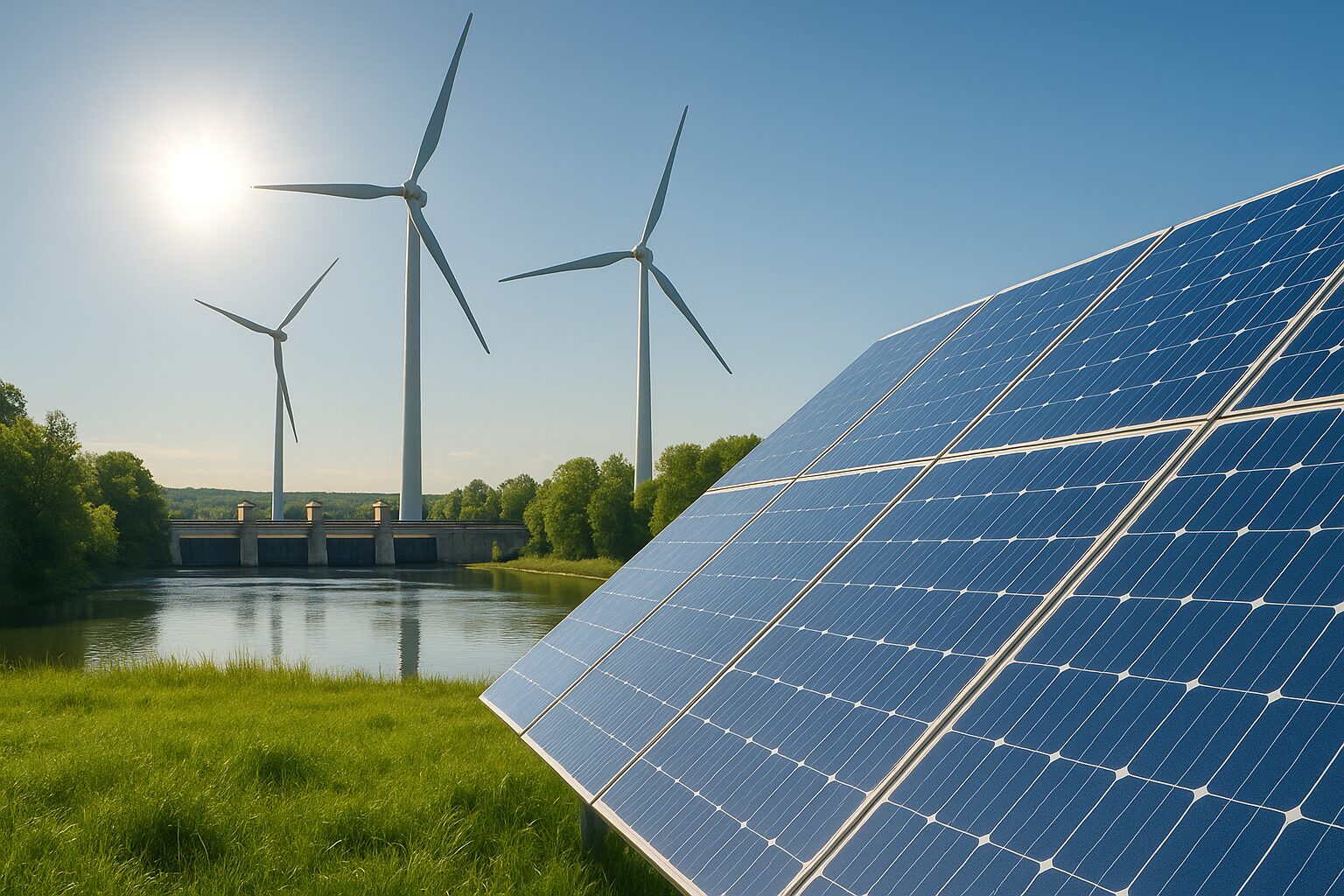 Painéis solares, turbinas eólicas e barragem hidrelétrica representando a tecnologia da energia renovável em harmonia com a natureza.