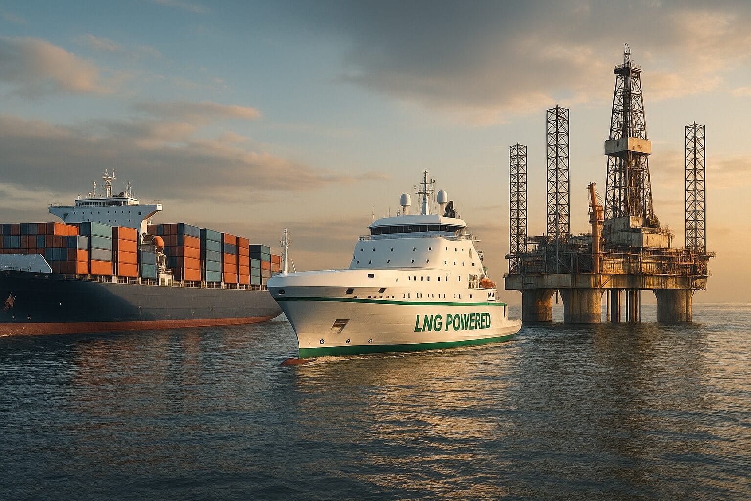 Navio porta-contêineres, embarcação movida a GNL e plataforma de petróleo no mar ao entardecer.