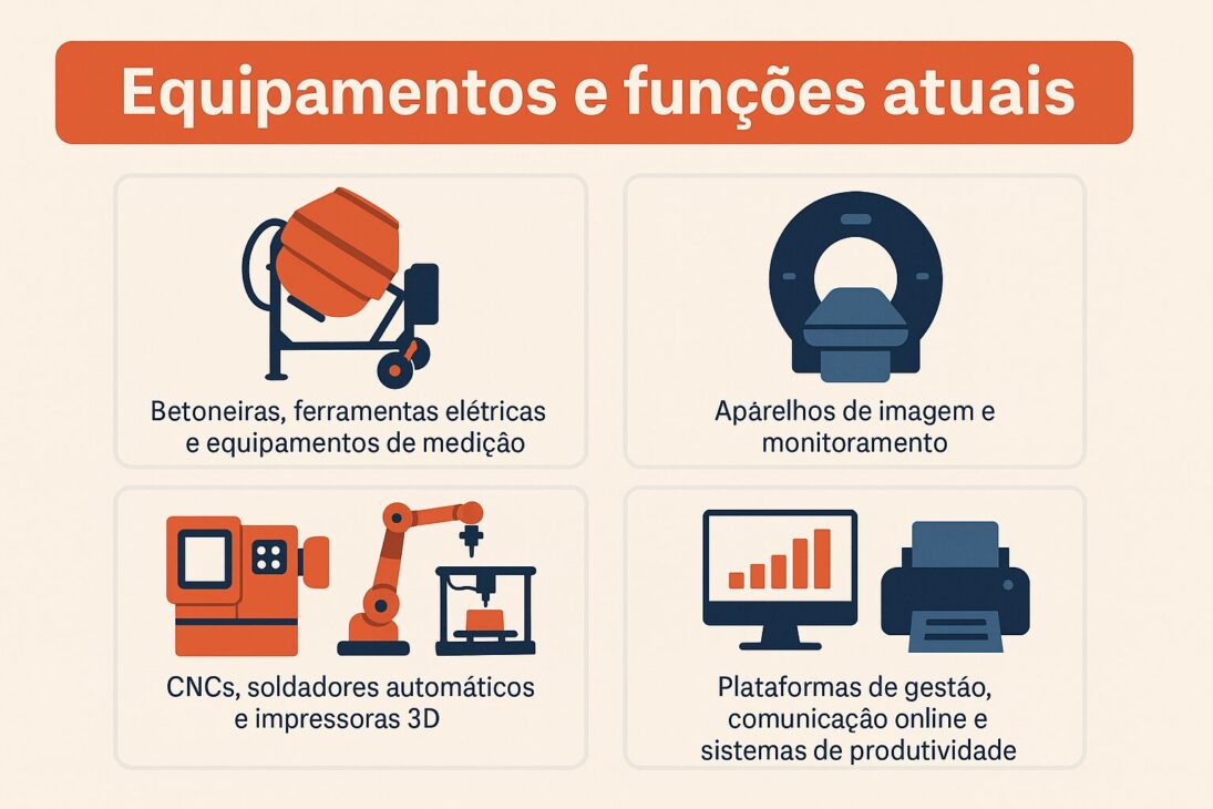 Infografía en estilo flat design con equipos modernos y sus funciones en el mercado laboral actual.