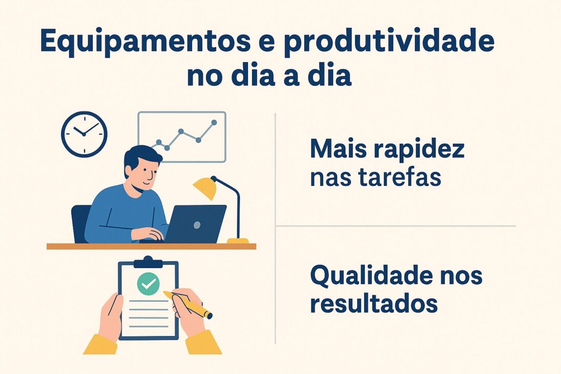 Infografía en estilo flat design mostrando cómo el uso de equipos impacta en la productividad diaria, destacando rapidez en las tareas y calidad en los resultados.