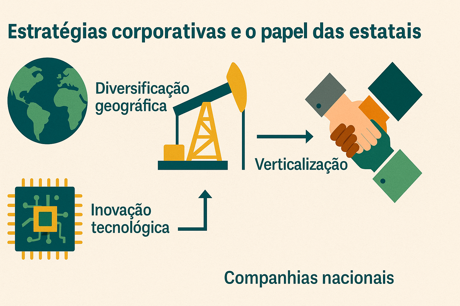 Infográfico ilustrando las estrategias corporativas y el papel de las estatales en el sector de petróleo y gas, con íconos representando diversificación geográfica, innovación tecnológica, verticalización y compañías nacionales.