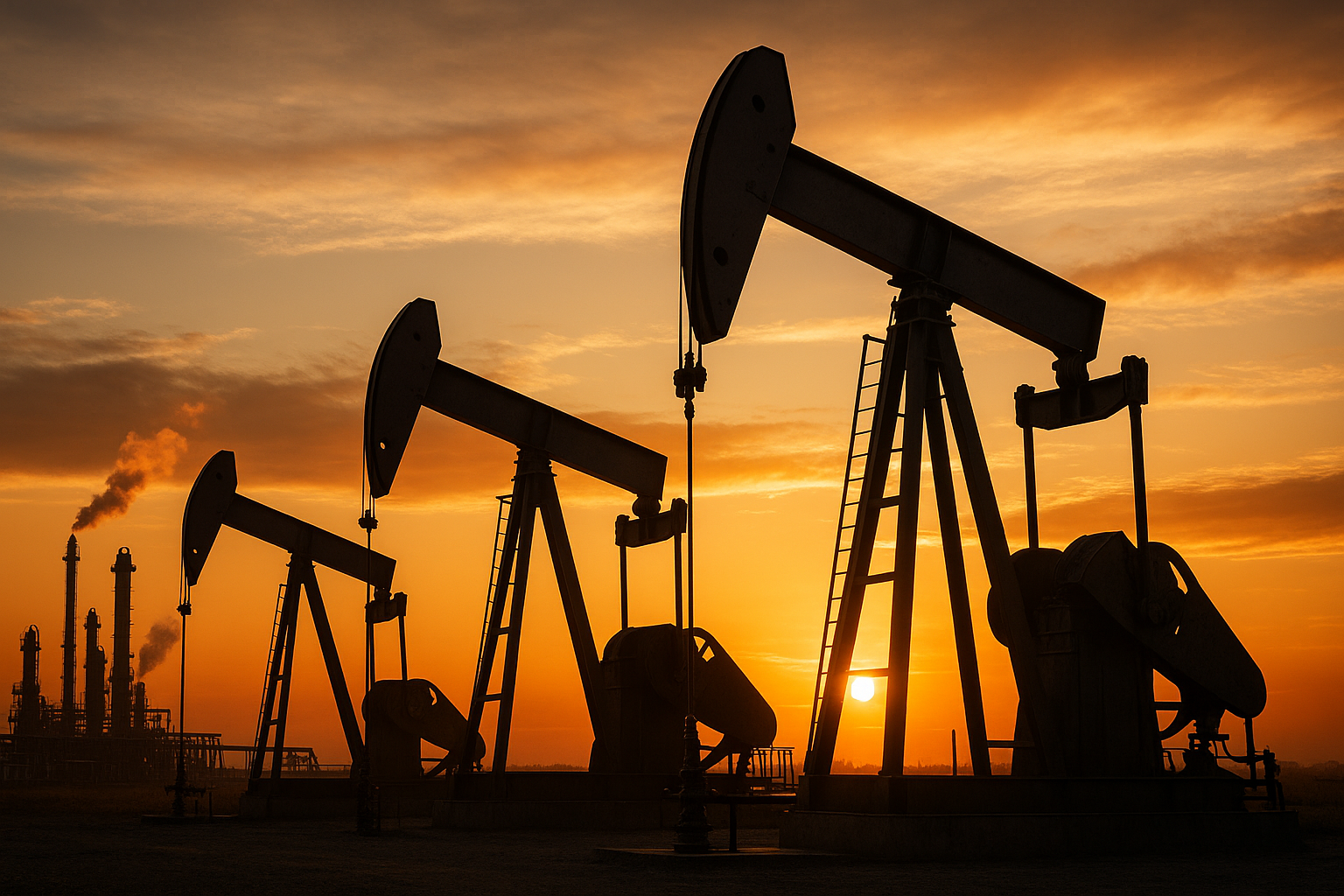Bombas de extração de petróleo em operação ao entardecer, com fumaça ao fundo em instalação de gás natural.