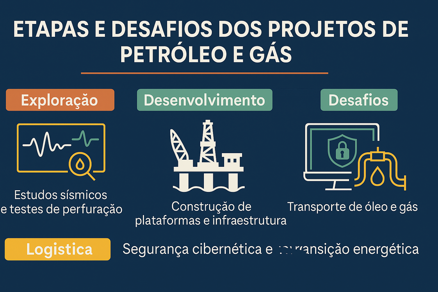 Infografía sobre las etapas y desafíos de los proyectos de petróleo y gas, destacando exploración, desarrollo, desafíos y logística.