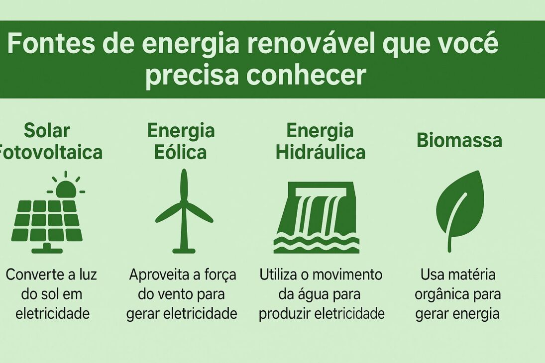 Infográfico ilustrando cuatro fuentes de energía renovable: solar fotovoltaica, energía eólica, energía hidráulica y biomasa, con íconos y descripciones resumidas de cada tipo.