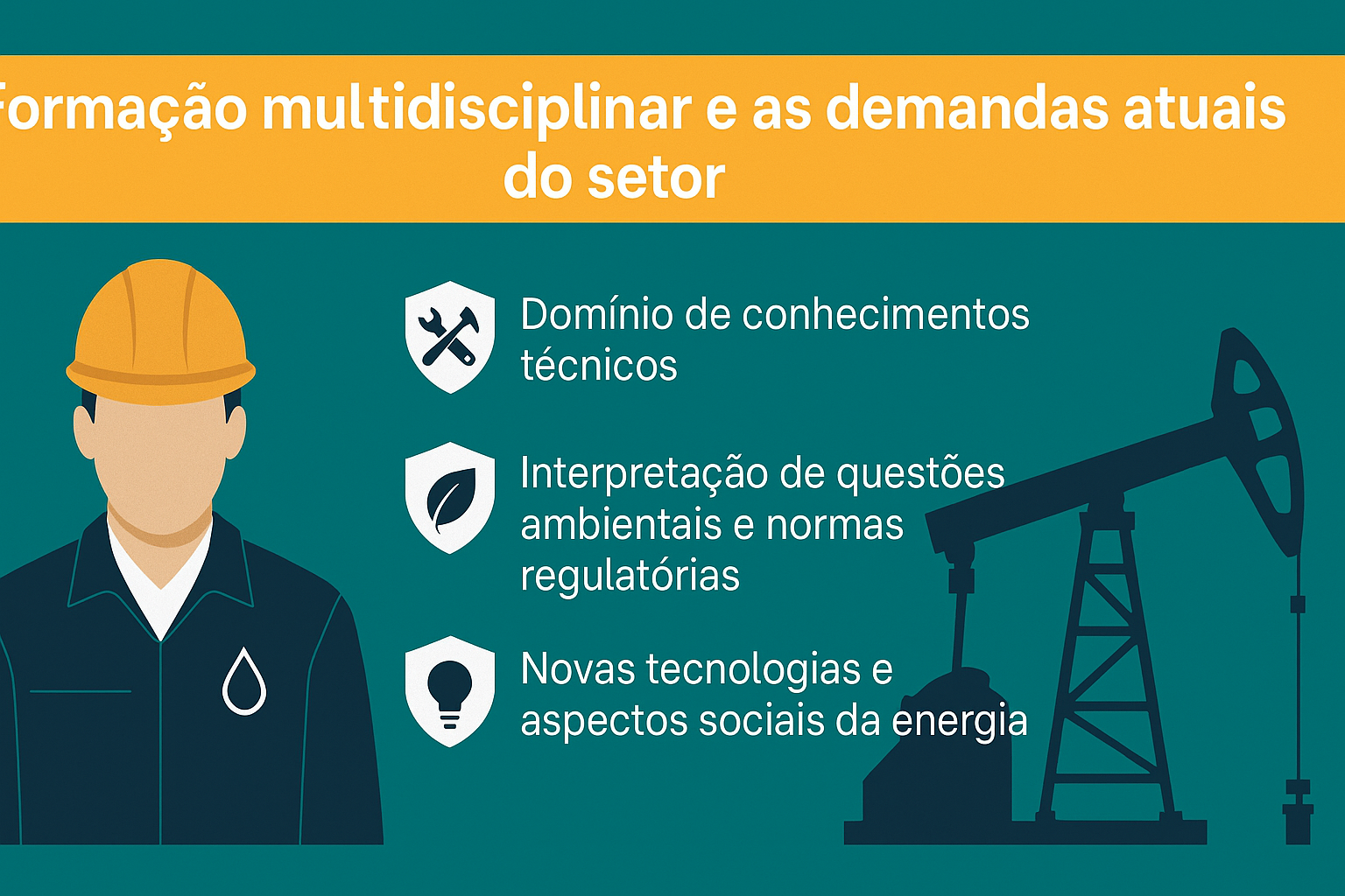 Infográfico de un trabajador del sector energético con casco, al lado de íconos representando habilidades técnicas, ambientales y sociales, con una torre de extracción de petróleo de fondo.