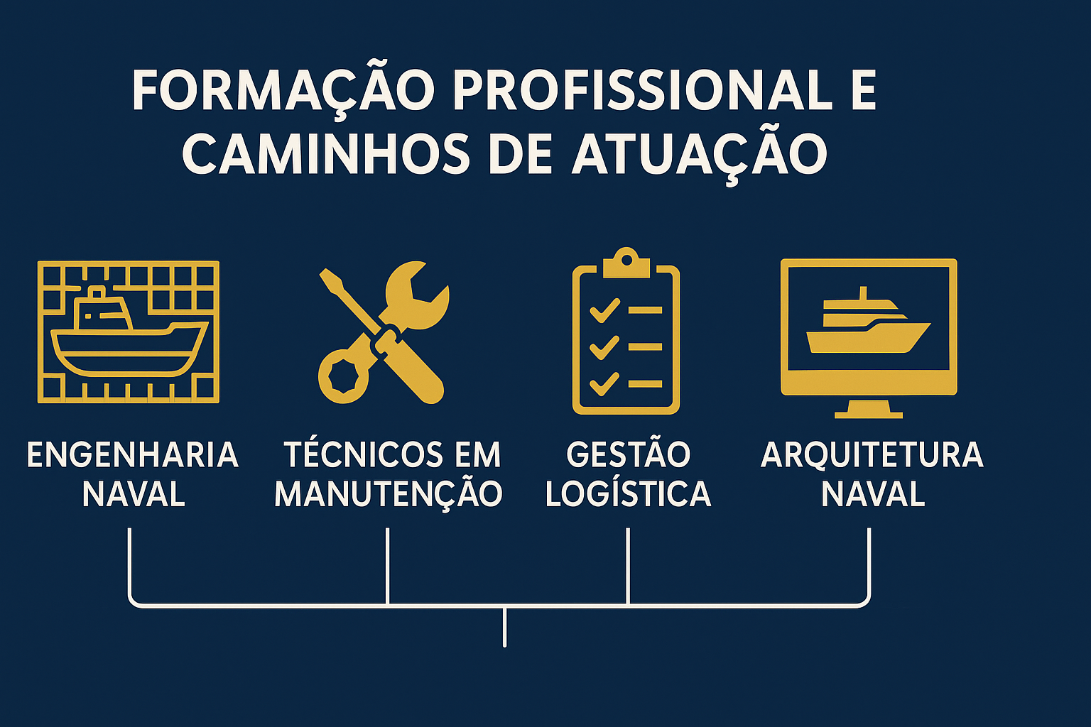 Infografía sobre formación profesional y caminos de actuación en la industria naval, con íconos representando ingeniería naval, técnicos en mantenimiento, gestión logística y arquitectura naval.