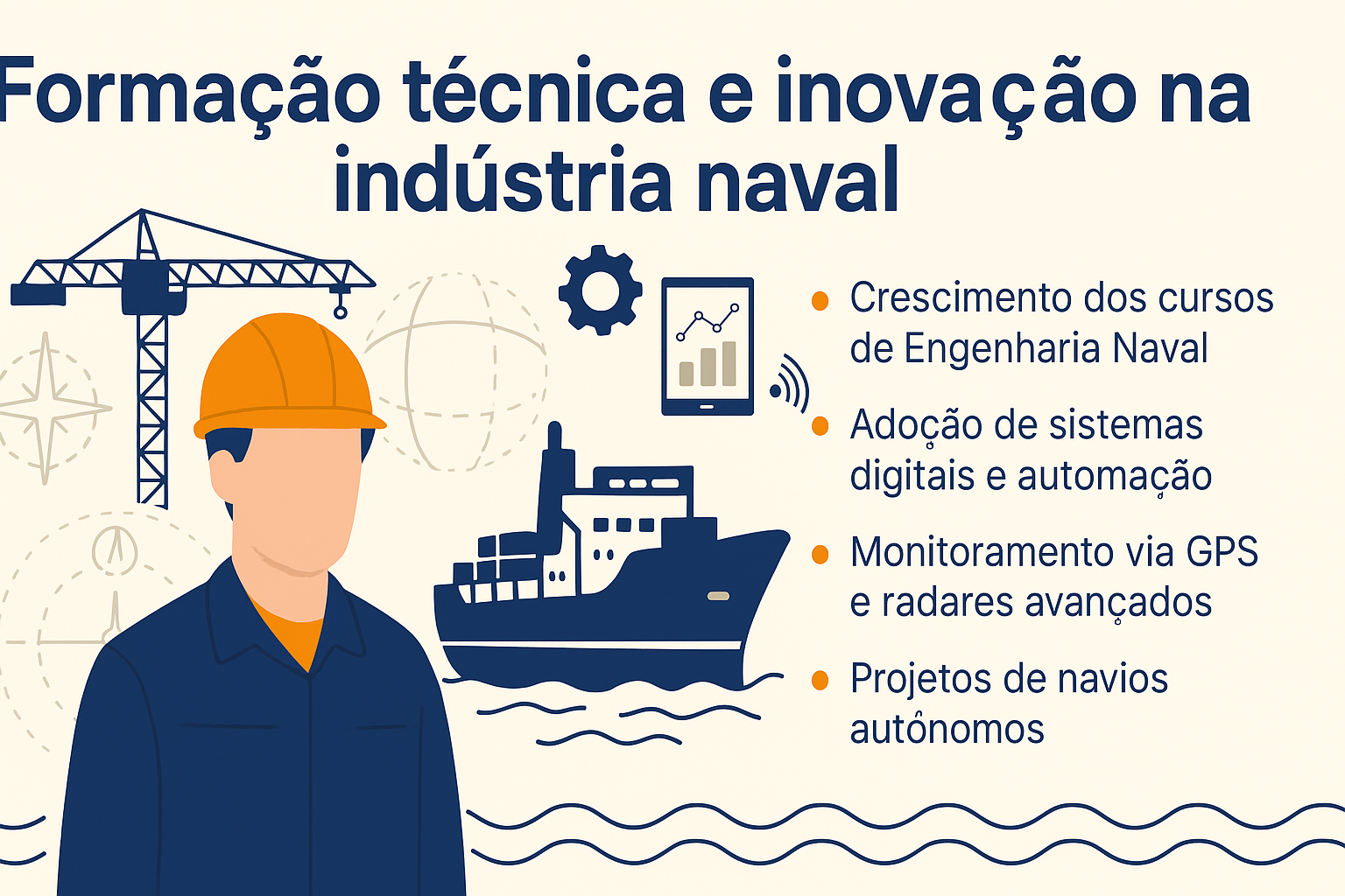 Infografía ilustrando la formación técnica e innovación en la industria naval, con íconos de barco, ingeniero, grúa y elementos tecnológicos como tablet y GPS.