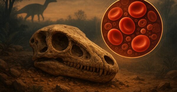 Ilustração científica de fóssil de dinossauro com glóbulos vermelhos preservados ampliados, sugerindo ligação com estudos modernos sobre câncer
