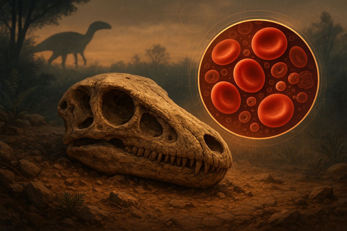 Ilustração científica de fóssil de dinossauro com glóbulos vermelhos preservados ampliados, sugerindo ligação com estudos modernos sobre câncer