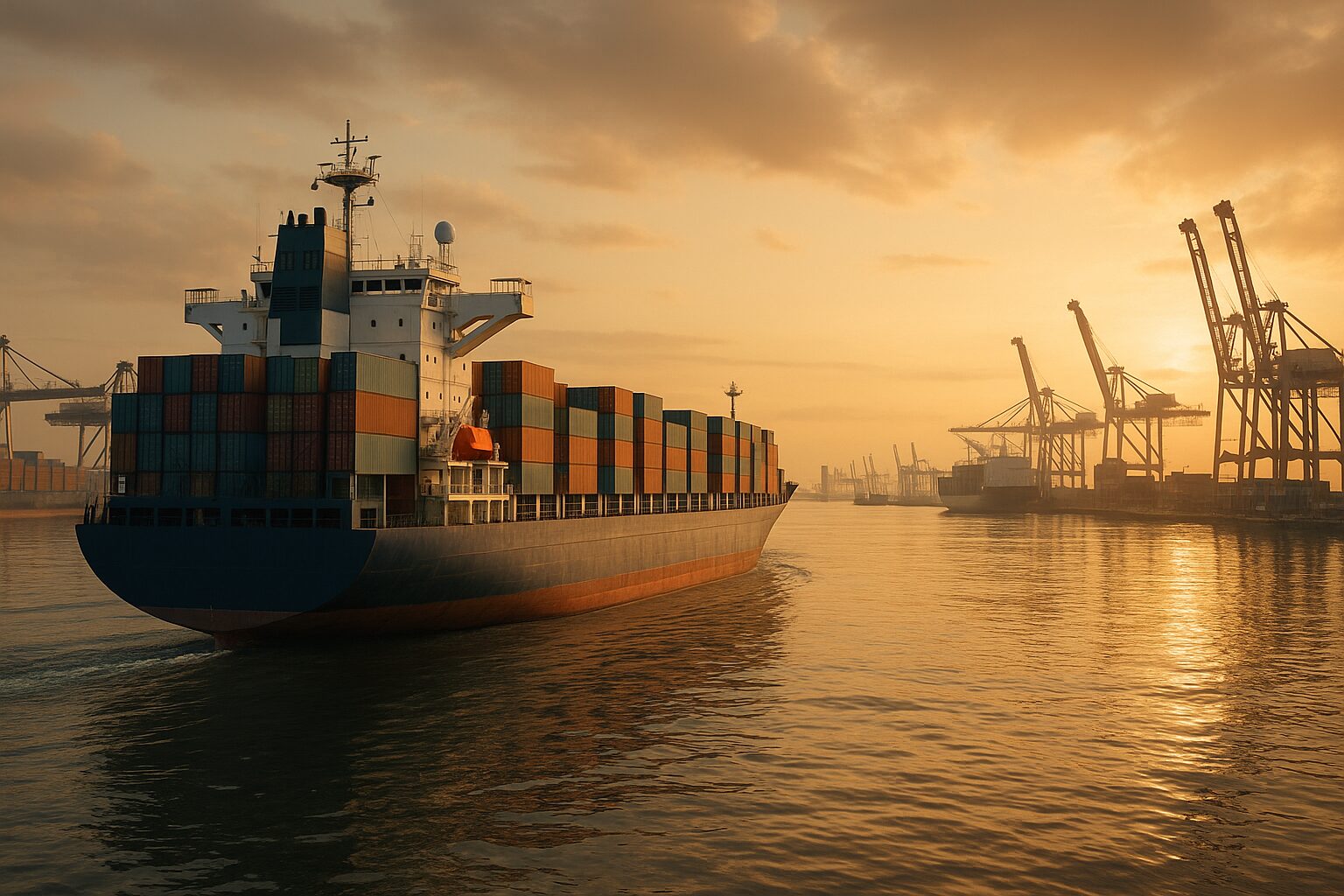 Navio cargueiro moderno navegando ao pôr do sol em um porto industrial com guindastes ao fundo.