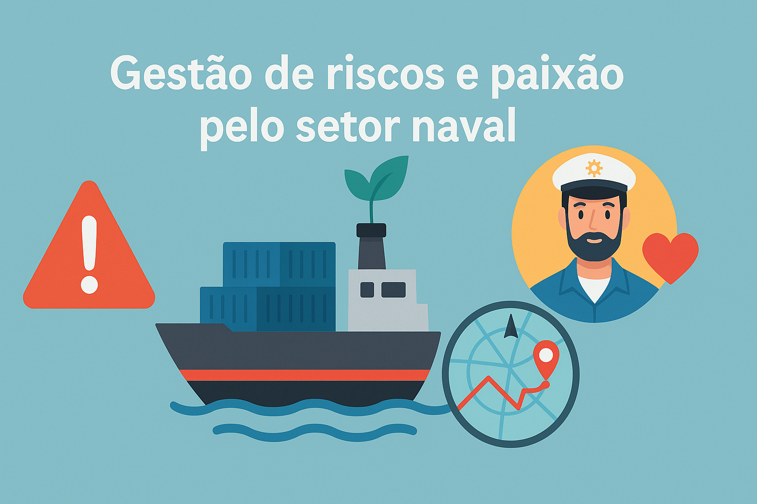 Infografía sobre gestión de riesgos y pasión por el sector naval, con barco, alerta de riesgo, marinero con corazón y gráfico de planificación.