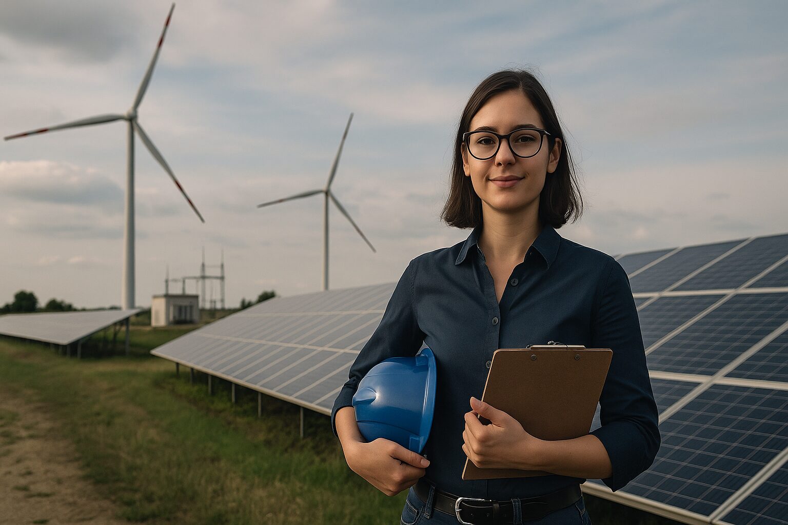 Mulher engenheira sorridente com capacete azul e prancheta em frente a painéis solares e turbinas eólicas em um campo.