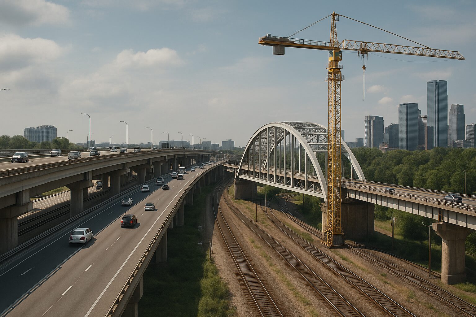 Vista realista de infraestrutura urbana com rodovia elevada, ponte ferroviária e guindaste em meio a arranha-céus.