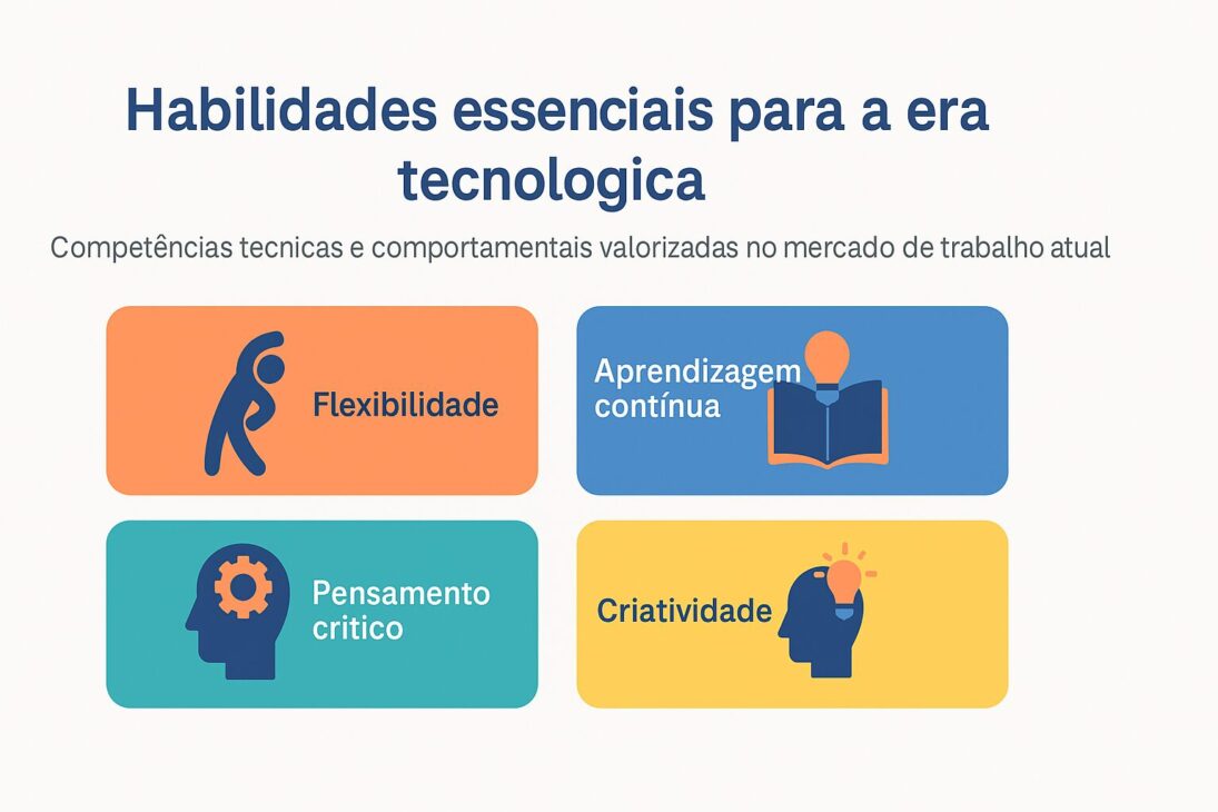 Infográfico colorido destacando as principais habilidades para a era tecnológica, incluindo pensamento crítico, aprendizado contínuo, comunicação, empatia e domínio de ferramentas digitais.