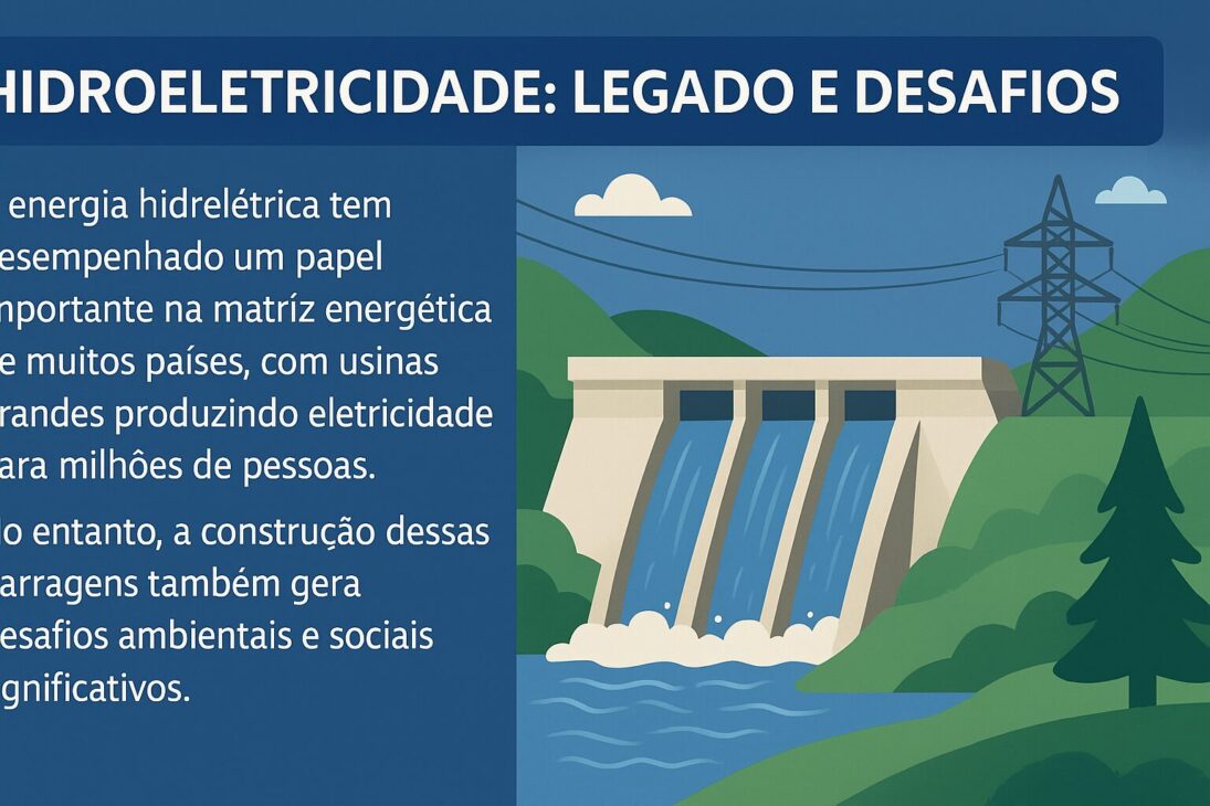 Infográfico de uma usina hidrelétrica com três comportas abertas, água fluindo, torres de energia ao fundo e vegetação ao redor, acompanhada de texto sobre o papel e desafios da energia hidroelétrica.
