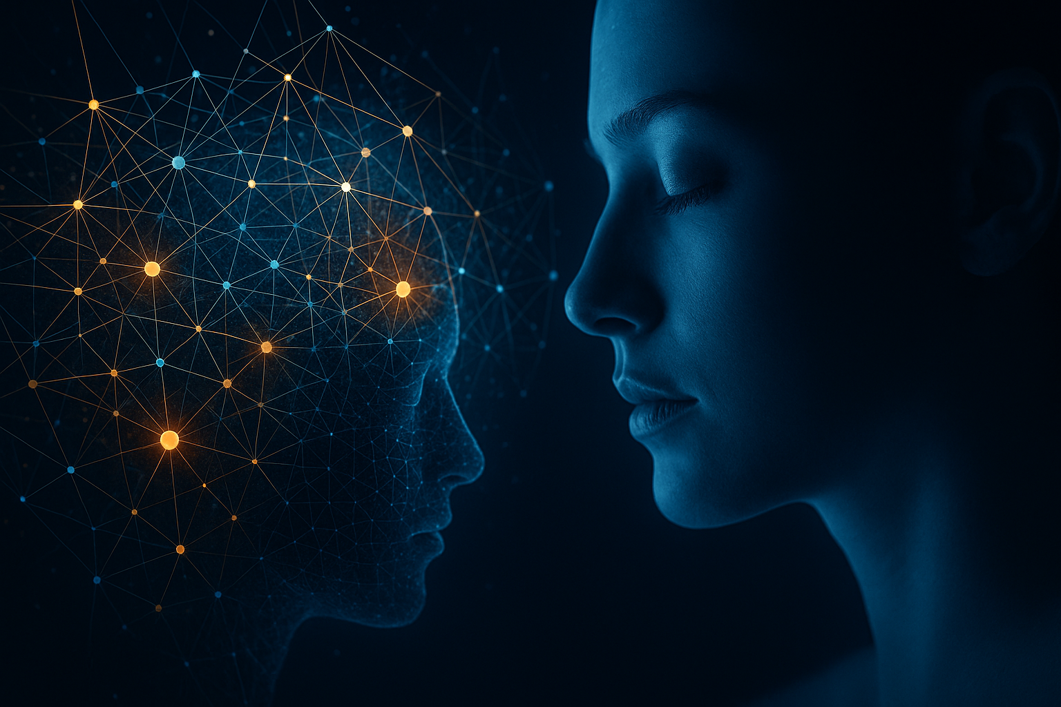 Rosto humano frente a representação de inteligência artificial com conexões neurais digitais