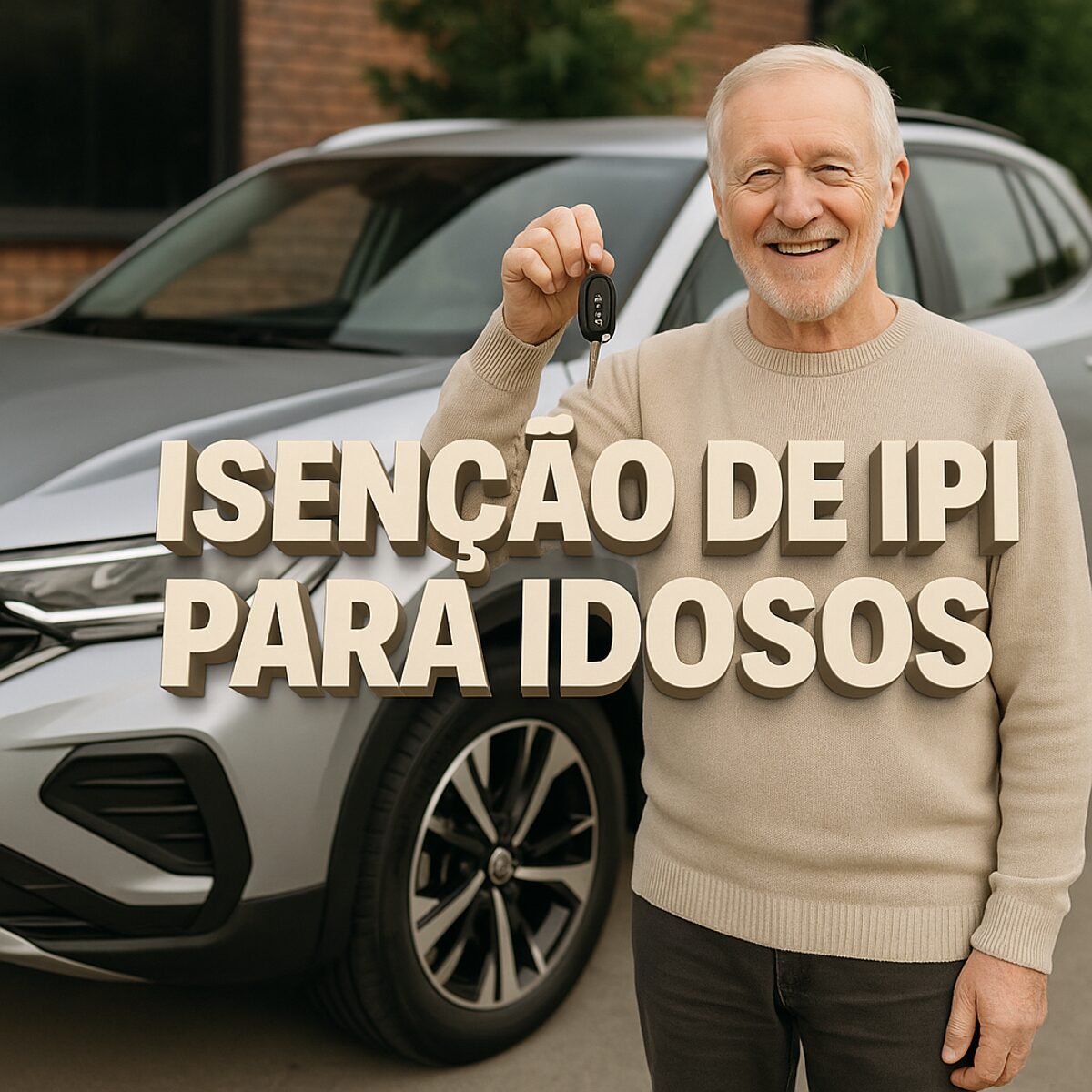 Idoso segurando chave de carro em frente a SUV com destaque para isenção de IPI