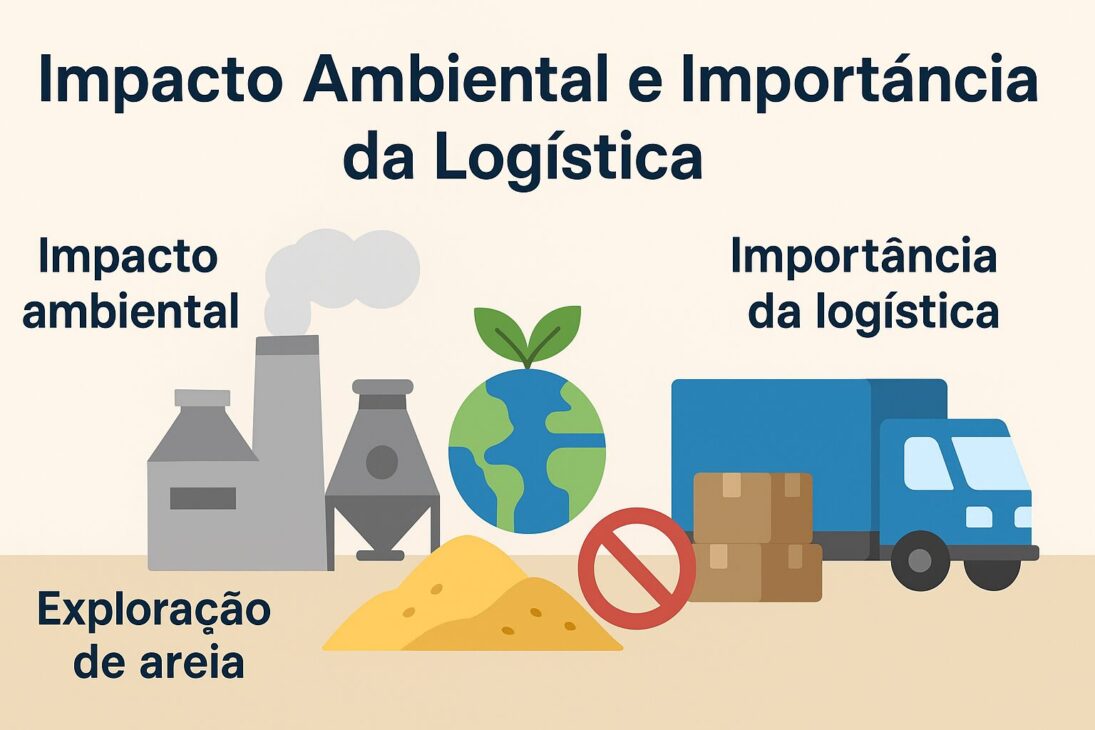 Infografía colorida ilustrando el impacto ambiental de los materiales de infraestructura y la importancia de la logística sostenible en la construcción civil.